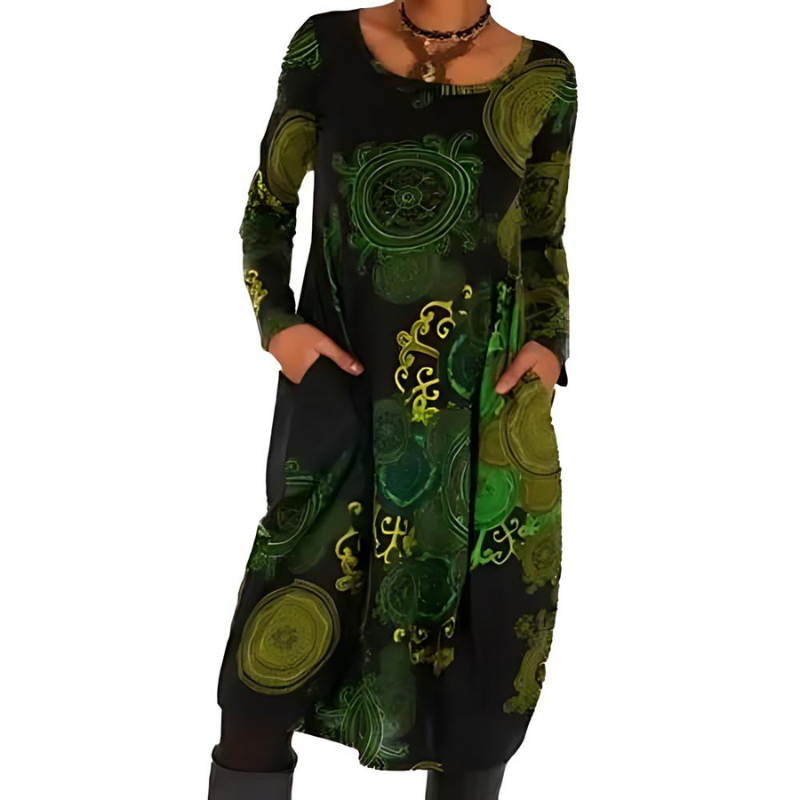 Women's Bohemian Printed Midi Dress with Pockets