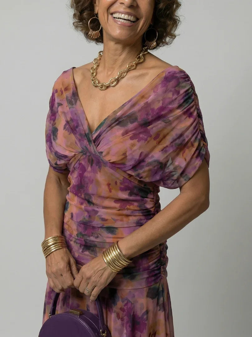 Robe maxi en mesh floral pour femme avec corsage froncé