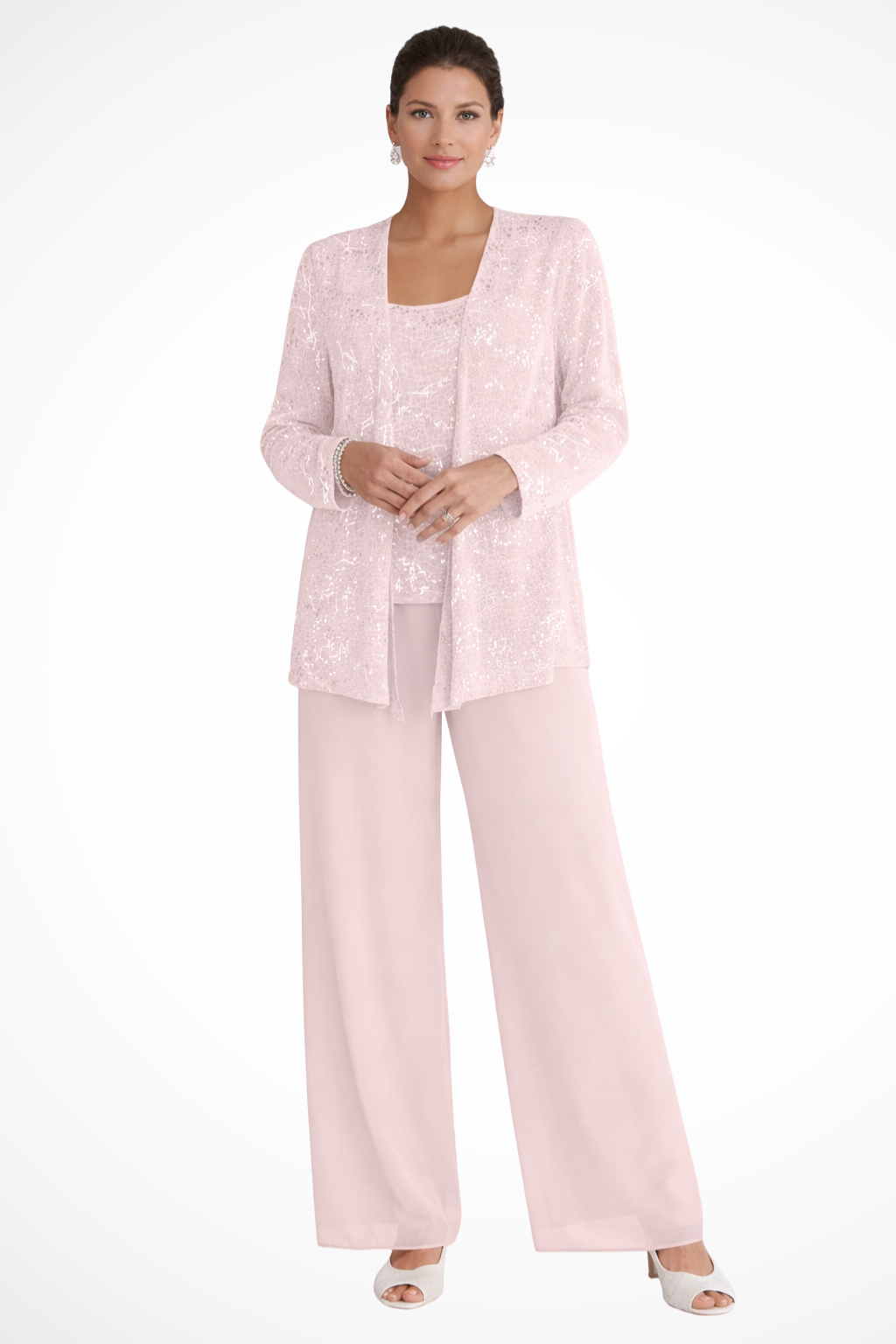 Ensemble trois pièces pour femme en dentelle à sequins, pantalon large