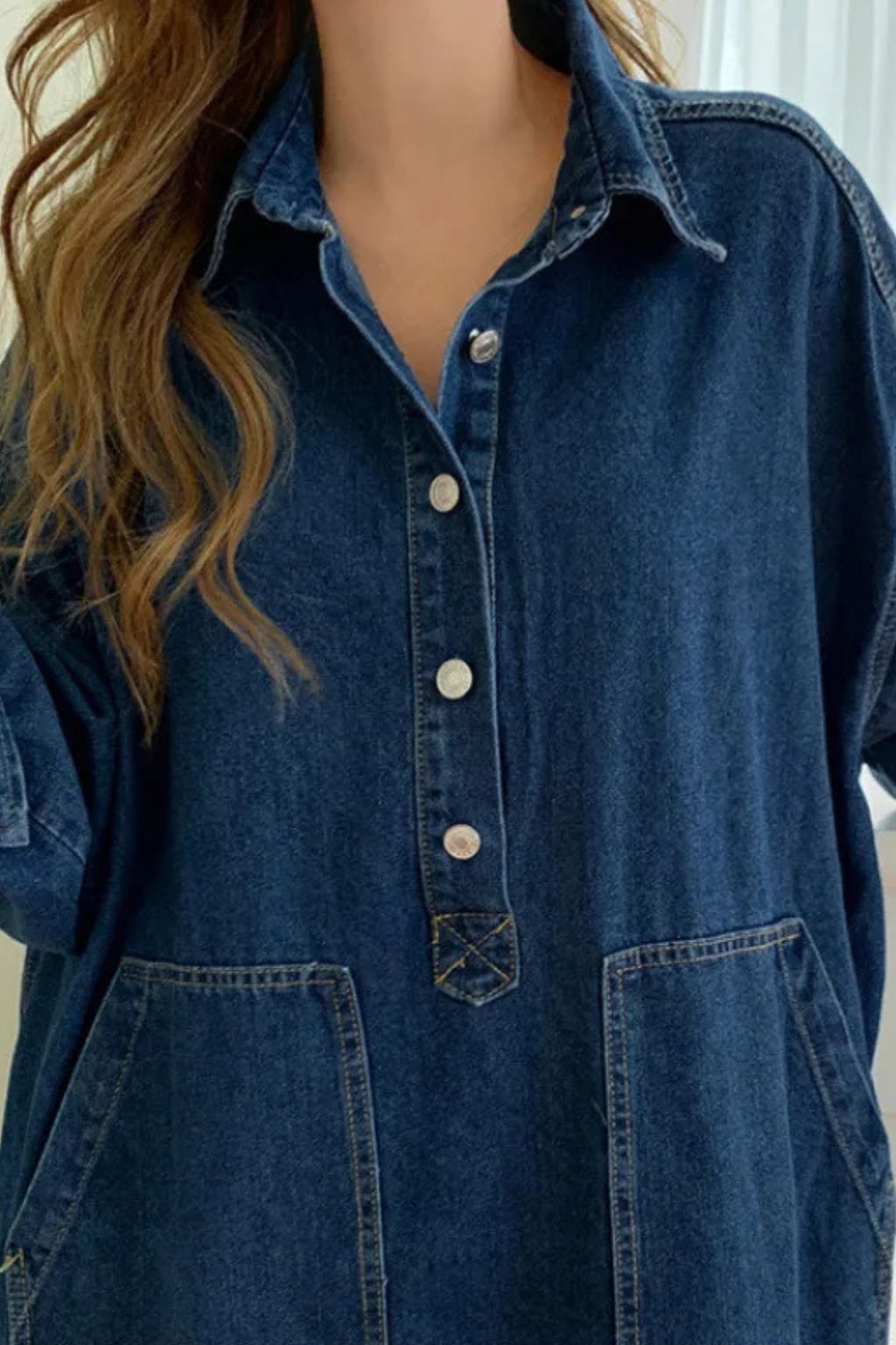Women's Oversized Denim Shirt Maxi Dress with Front Pockets