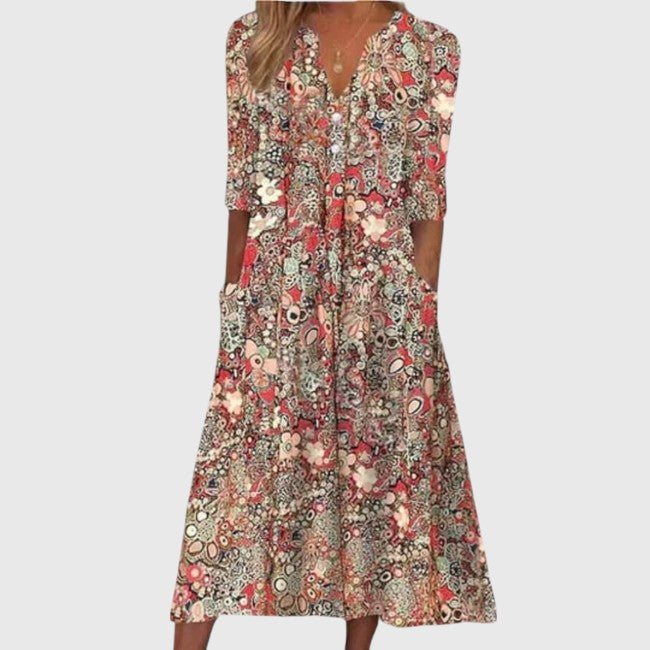 Robe midi élégante à fleurs pour femme avec col en V
