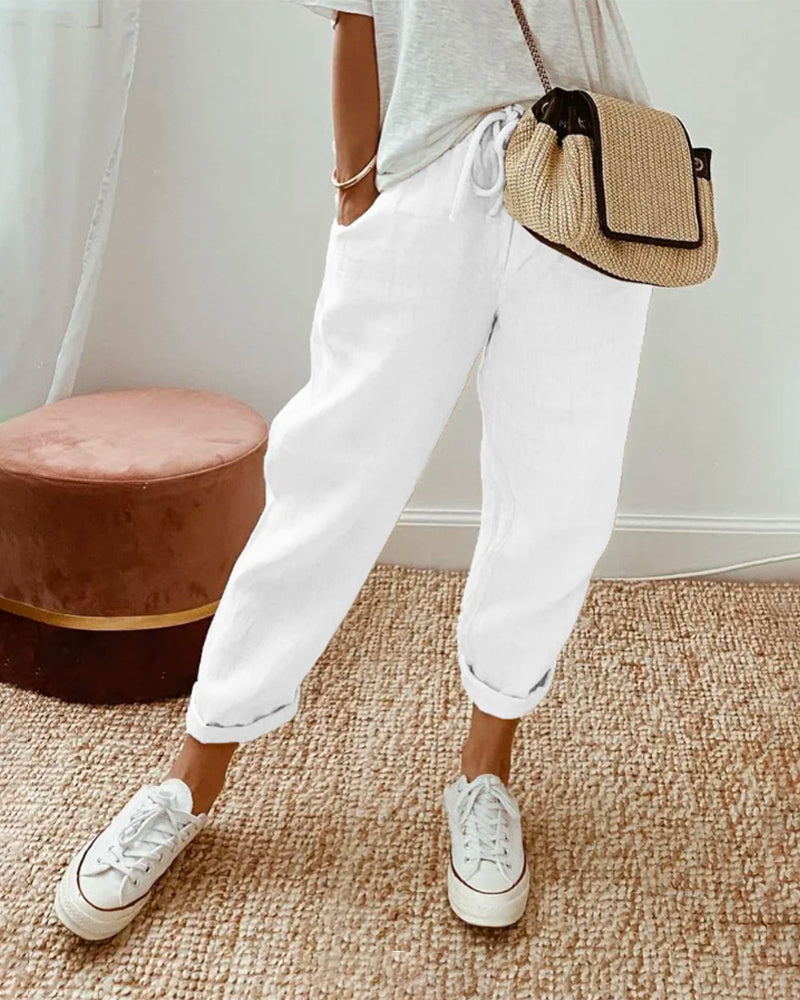 Pantalon femme à coupe décontractée et taille haute avec poches
