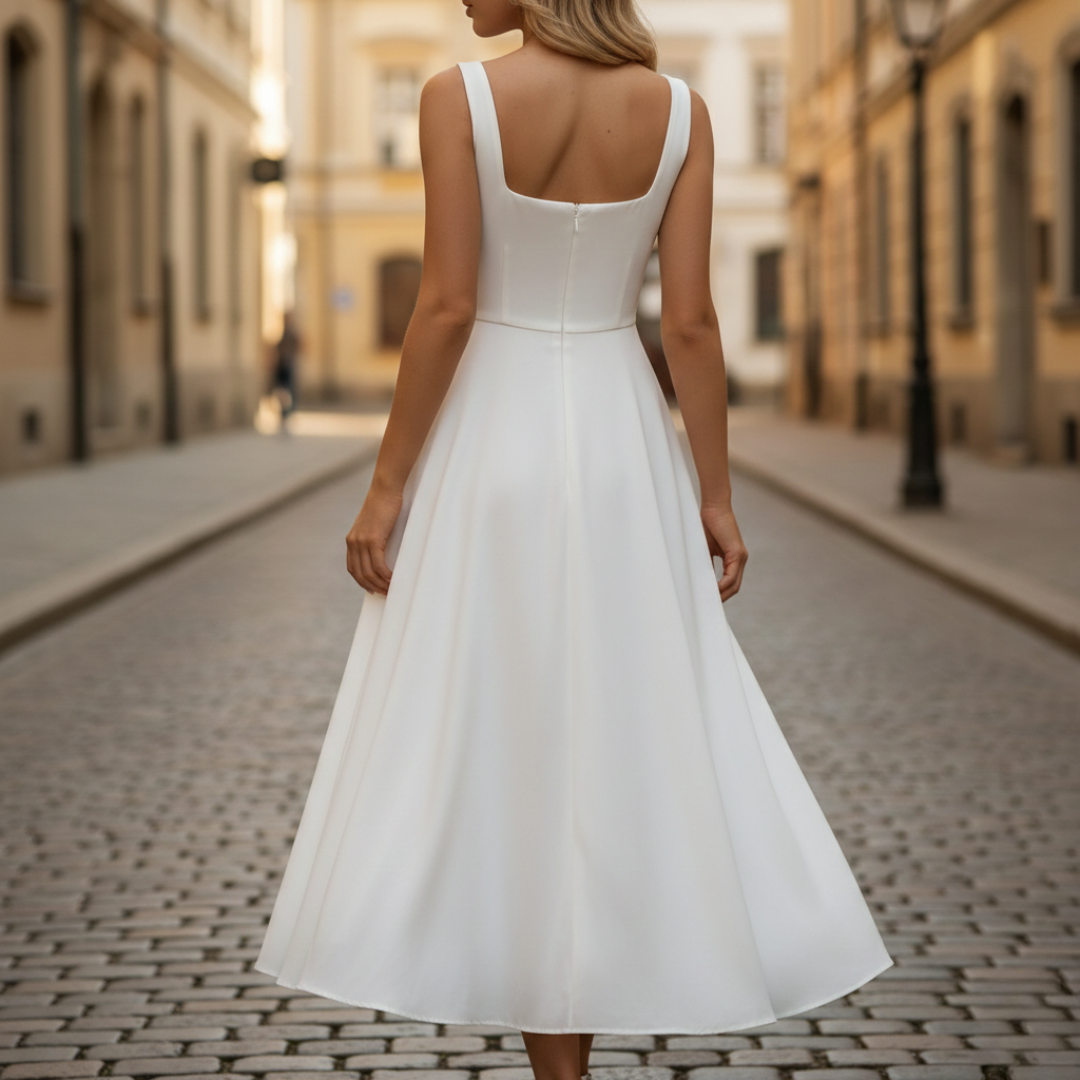 Robe midi blanche sans manches à encolure carrée et coupe trapèze pour femme