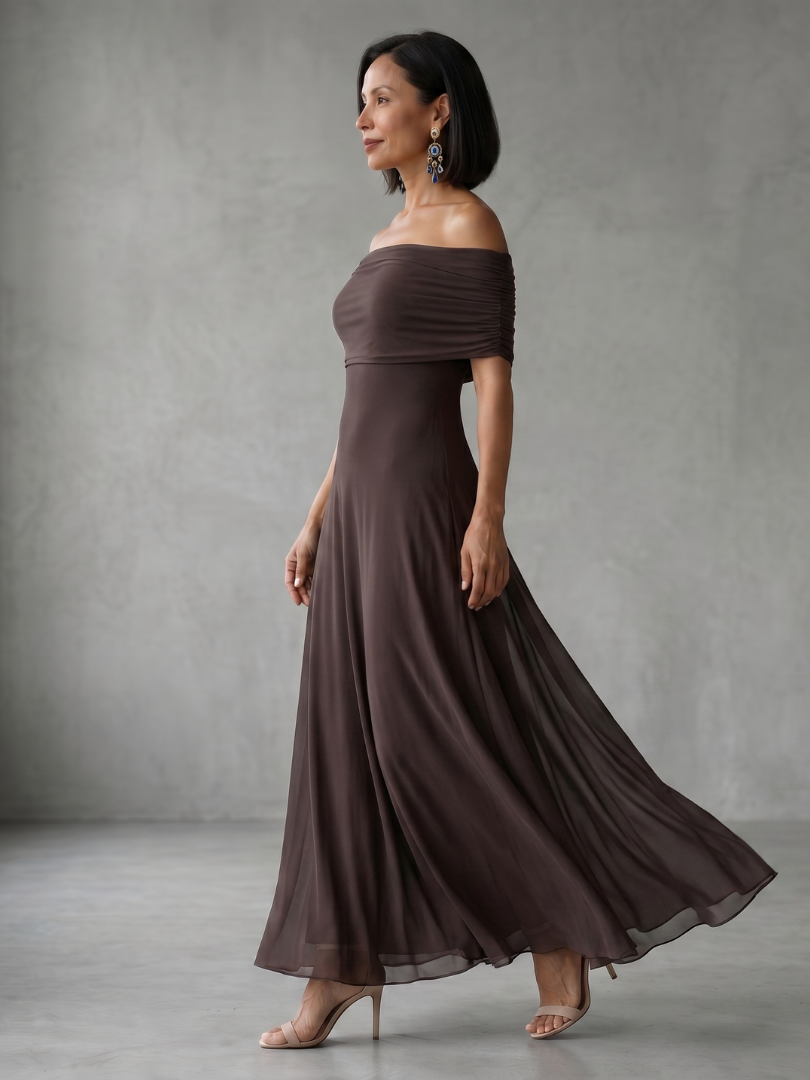 Women's Off Shoulder Midi Dress with Draped Bodice