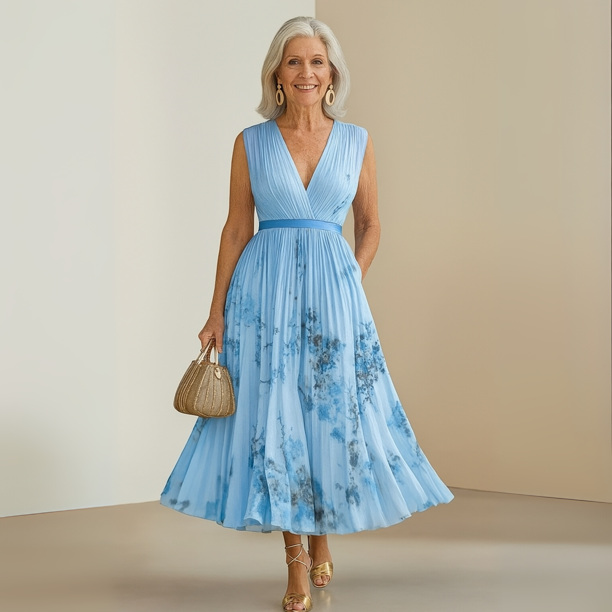 Robe maxi plissée sans manches à col en V pour femme