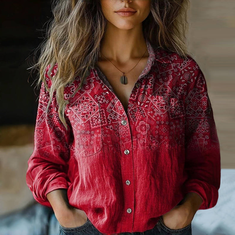 Chemise à manches longues imprimée bohème pour femme, style quotidien