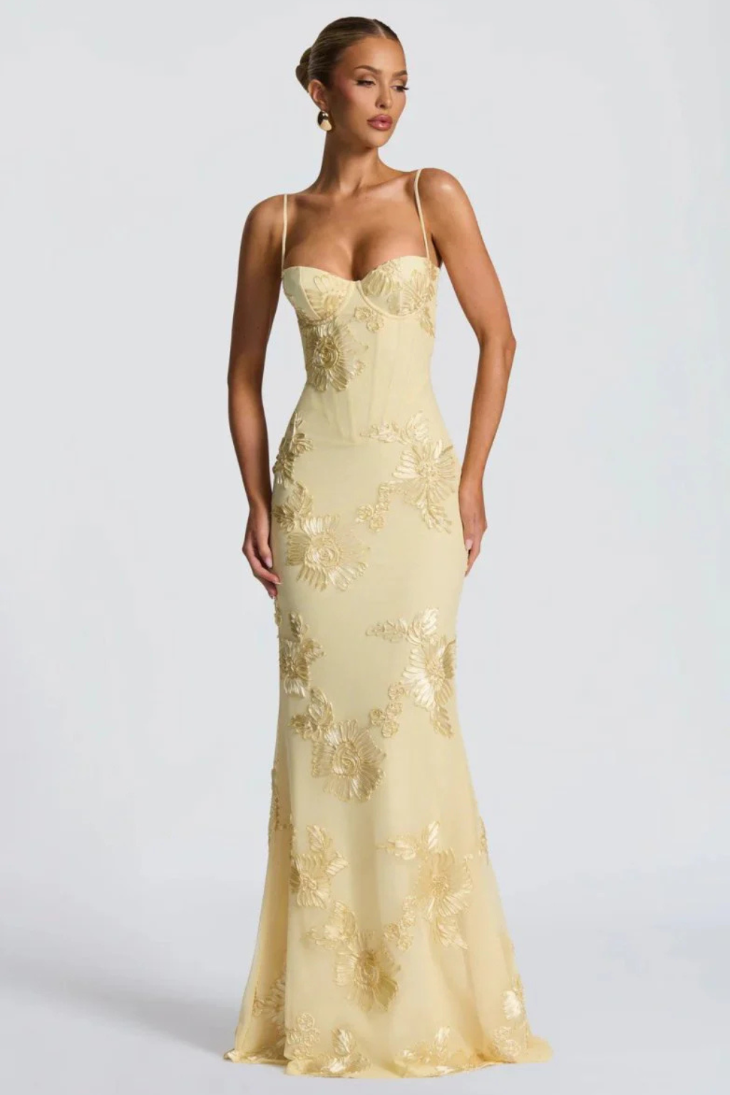 Robe longue corset brodée de fleurs pour femme avec bretelles fines