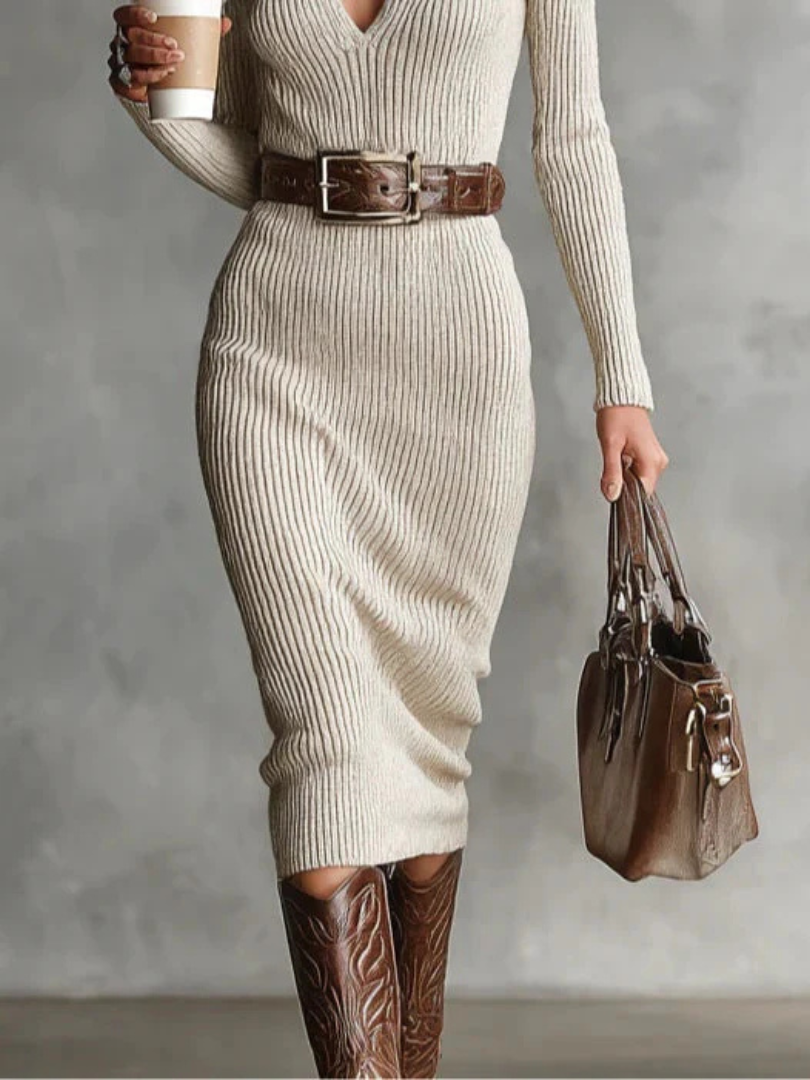 Abito midi da donna in maglia a coste con cintura