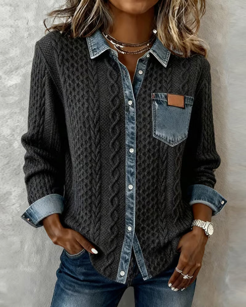 Women's Long Sleeve Shirt with Denim Details