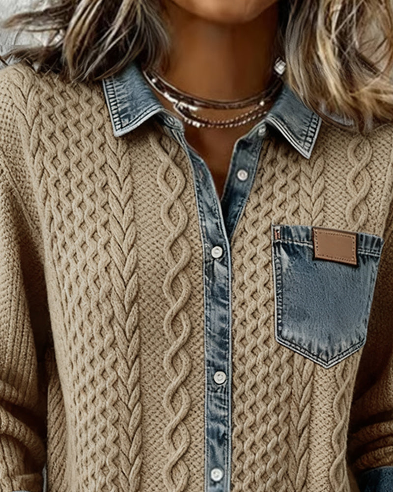 Women's Long Sleeve Shirt with Denim Details