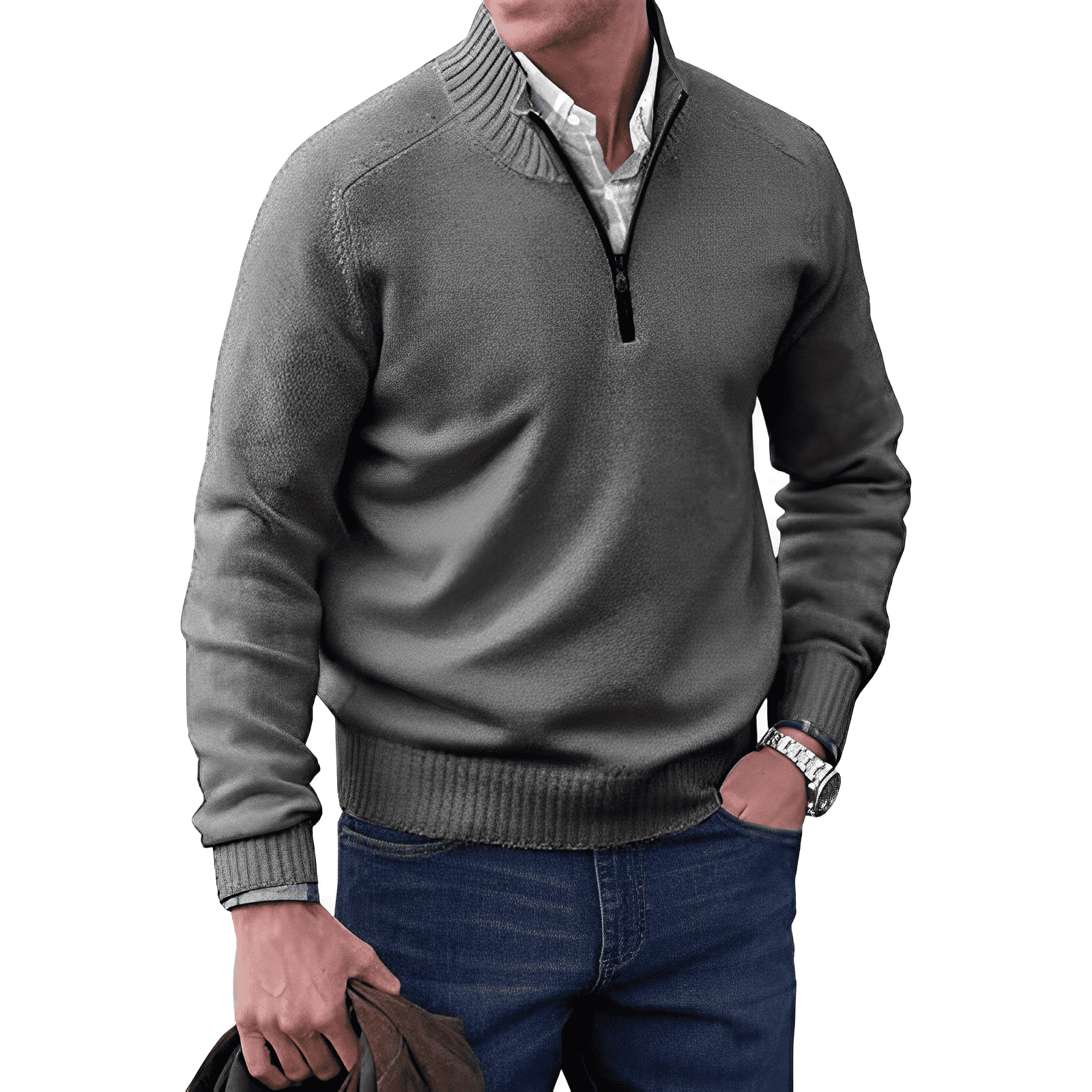Maglione da uomo con zip a un quarto e dettagli a coste