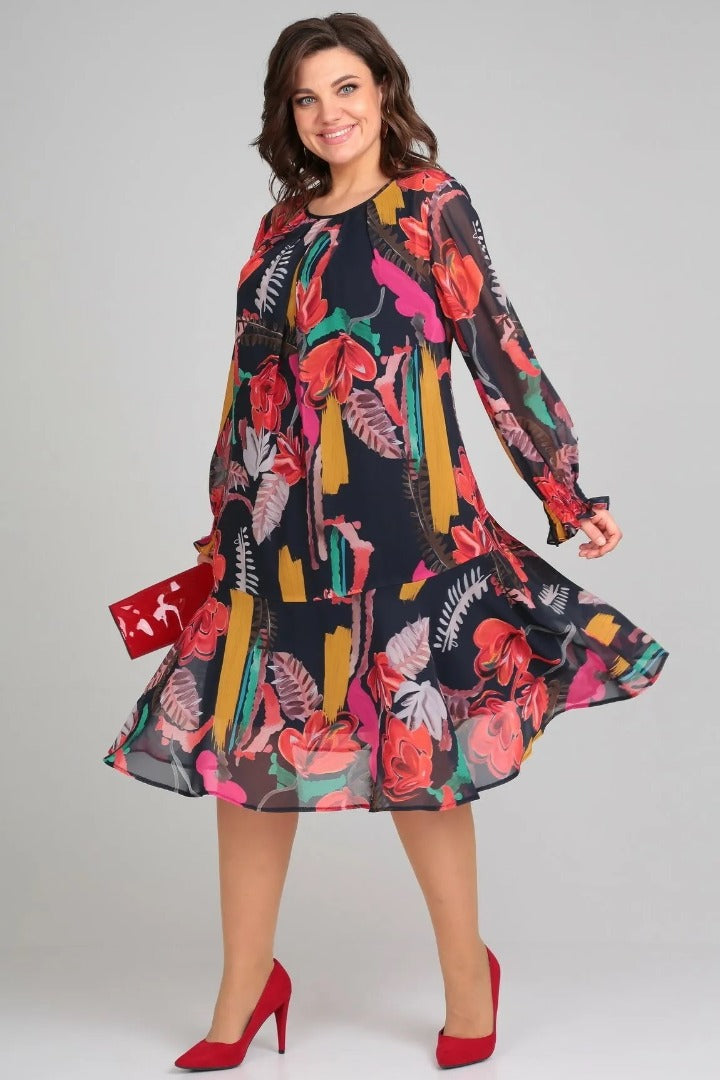 Robe évasée en chiffon à fleurs vives pour femme