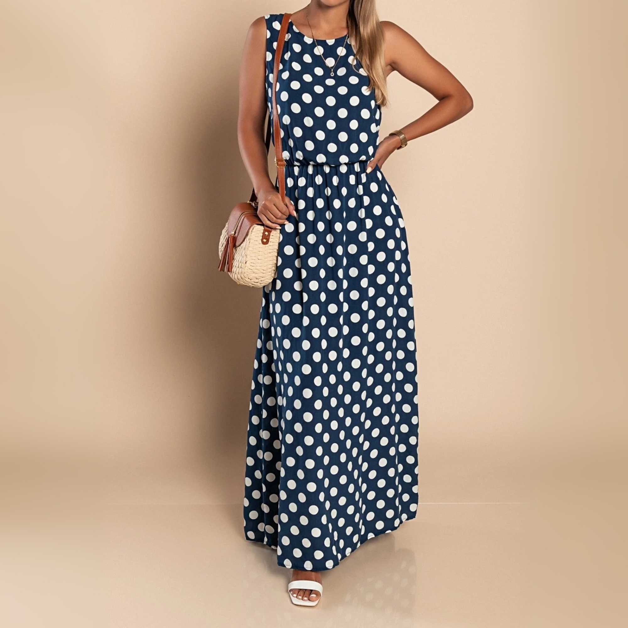 Robe maxi sans manches à pois pour femme avec ceinture à la taille