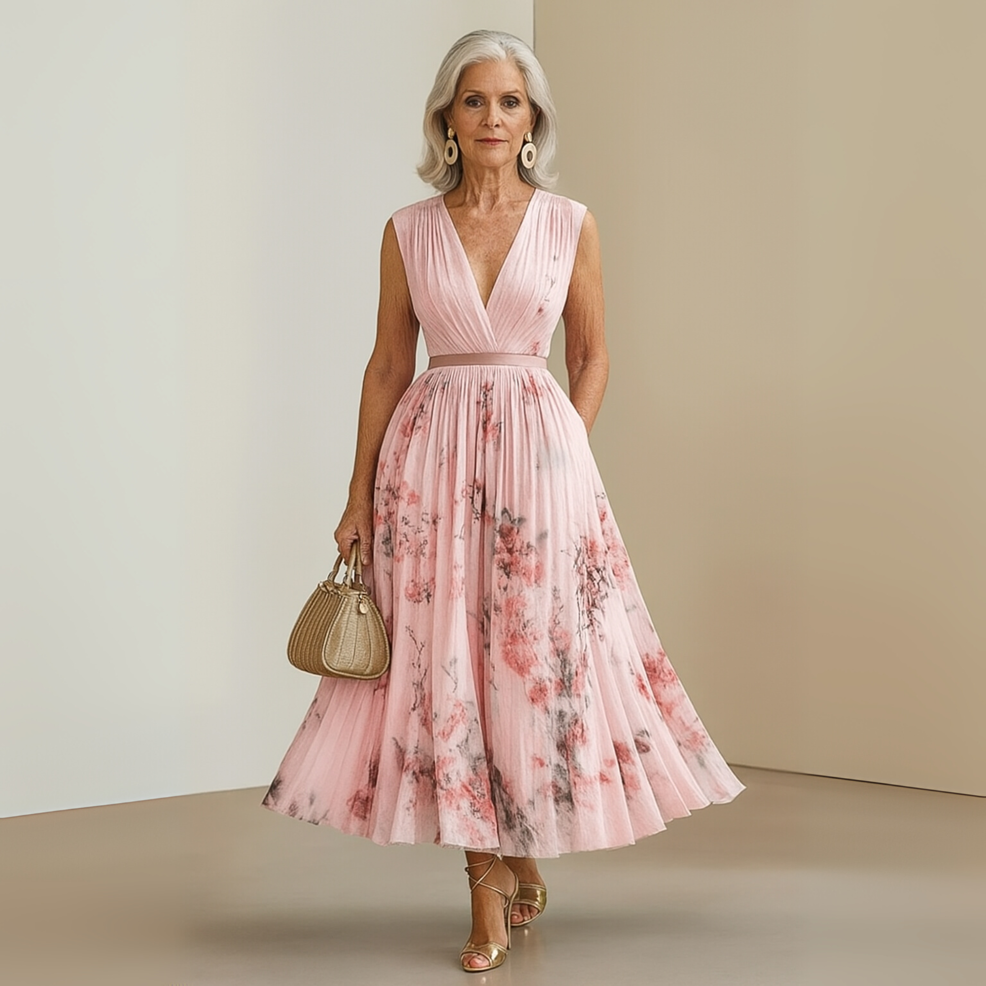 Robe maxi plissée sans manches à col en V pour femme