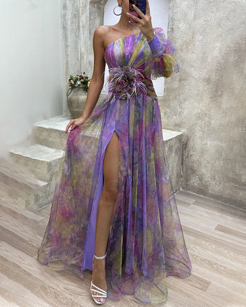 Robe maxi fleurie asymétrique pour femme avec fente haute
