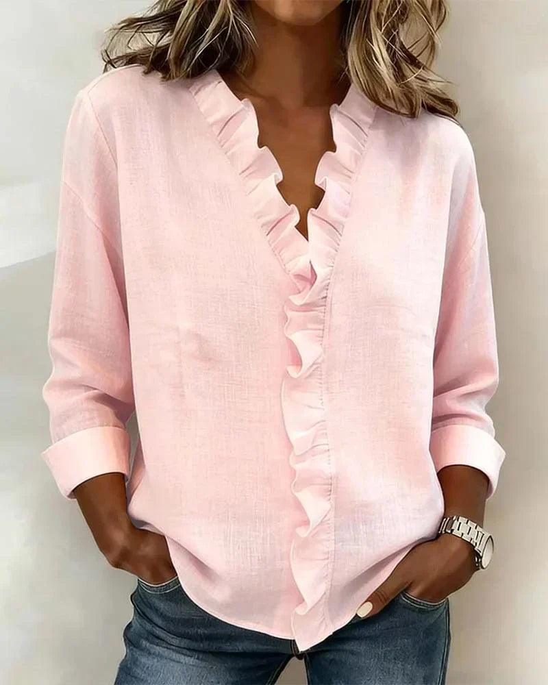 Women's Ruffled V-Neck Long Sleeve Blouse
