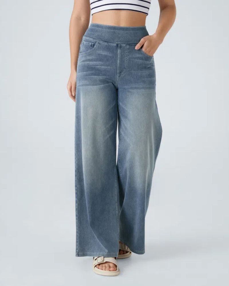 Γυναικείο ψηλόμεσο τζιν παντελόνι από ντενίμ με φαρδιά μπατζάκια