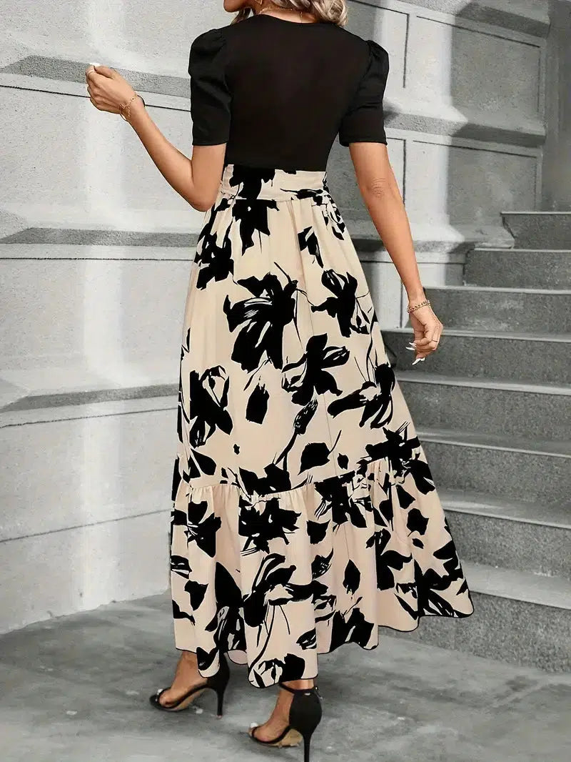 Women’s Floral Print Maxi Dress with Elegant Contrast Bodice