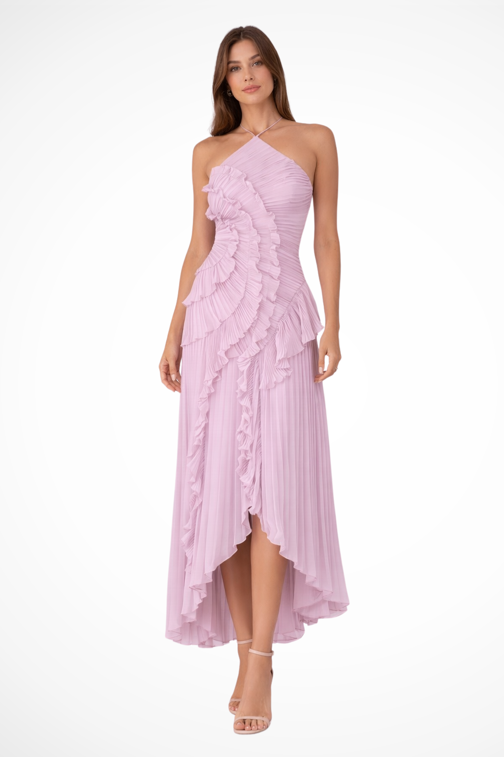 Robe maxi dos nu à volants pour femme, sans manches, col halter