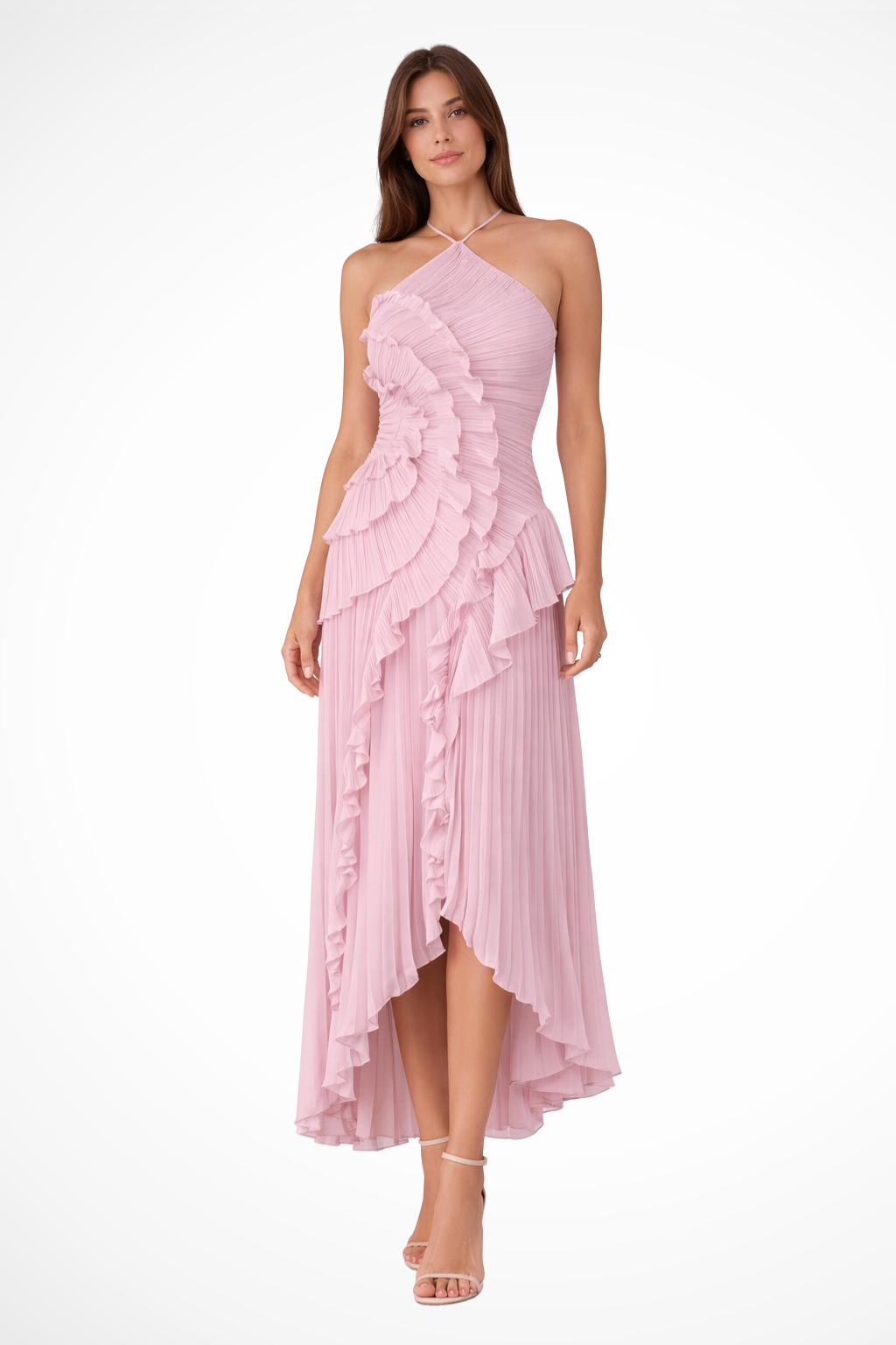 Robe maxi dos nu à volants pour femme, sans manches, col halter