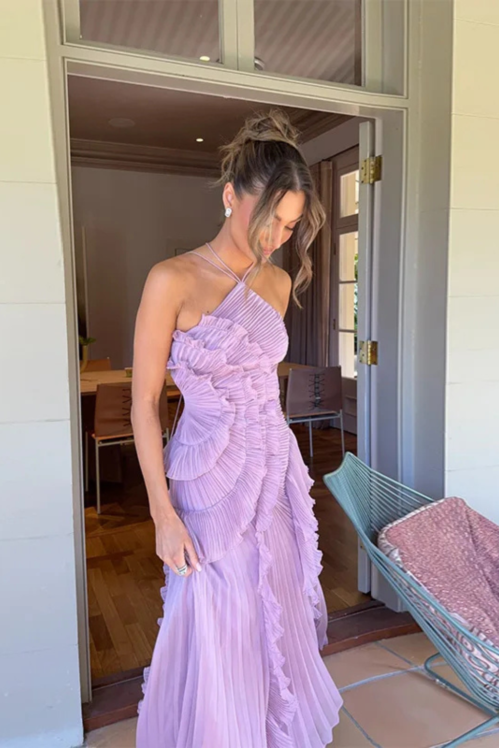 Robe maxi dos nu à volants pour femme, sans manches, col halter