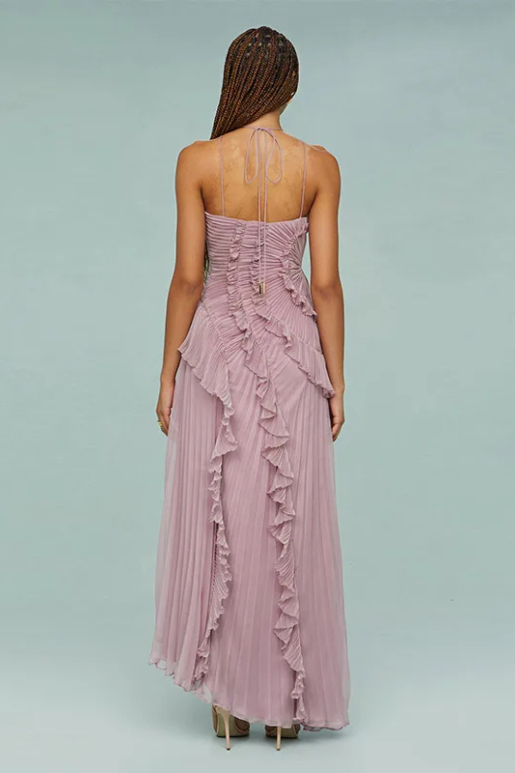 Robe maxi dos nu à volants pour femme, sans manches, col halter