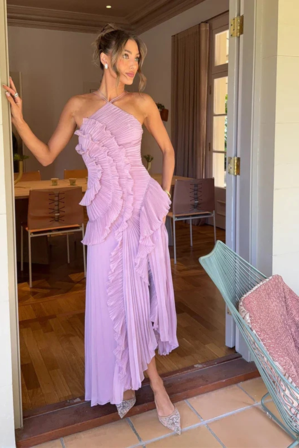 Robe maxi dos nu à volants pour femme, sans manches, col halter