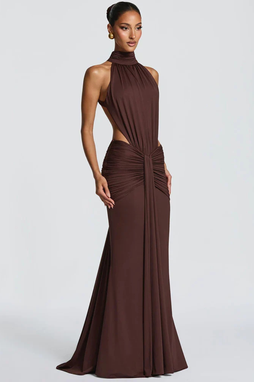 Women’s Backless Halter Neck Ruched Maxi Dress