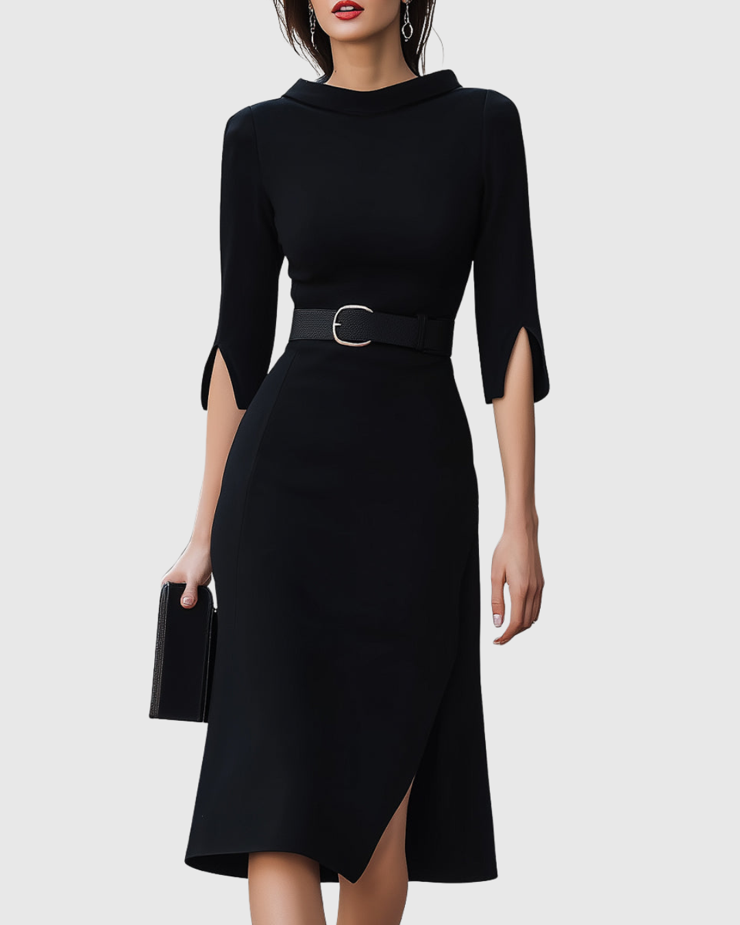 Robe midi noire avec ceinture et manches courtes pour femmes