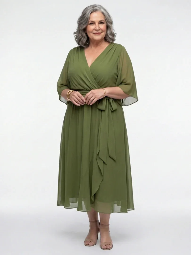 Women's V Neck Midi Dress with Waist Tie