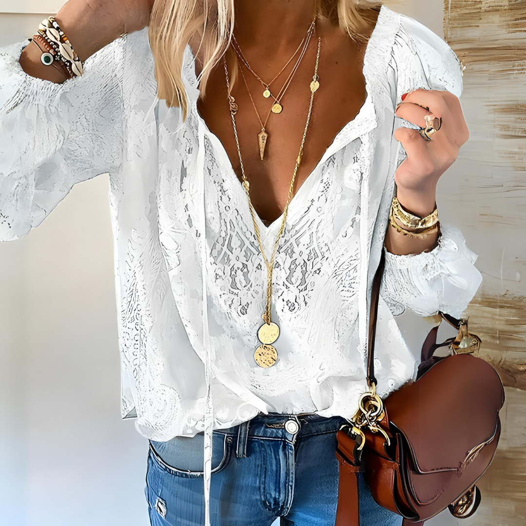 Blouse bohème vintage pour femme à col fendu