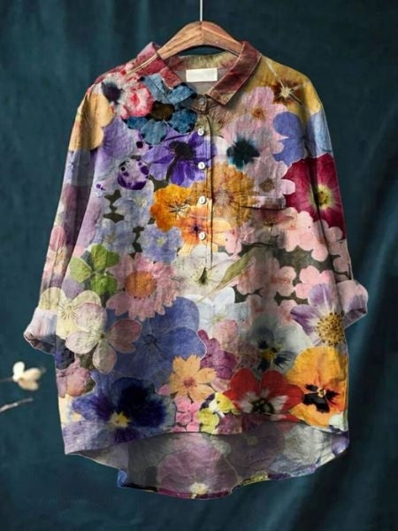 Printed Button-Up Shirt Women Loose Fit Floral Style