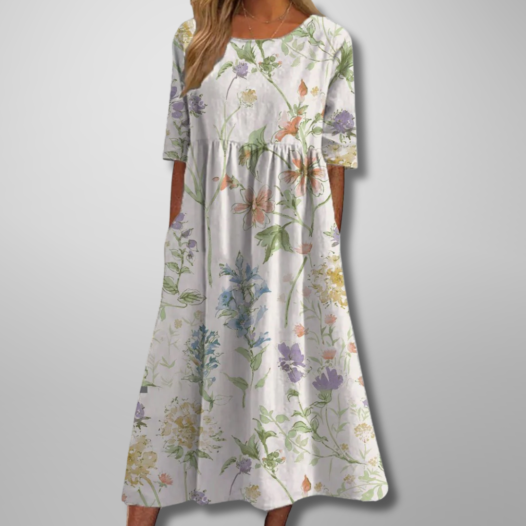Women's Floral Print Midi Dress with Round Neck