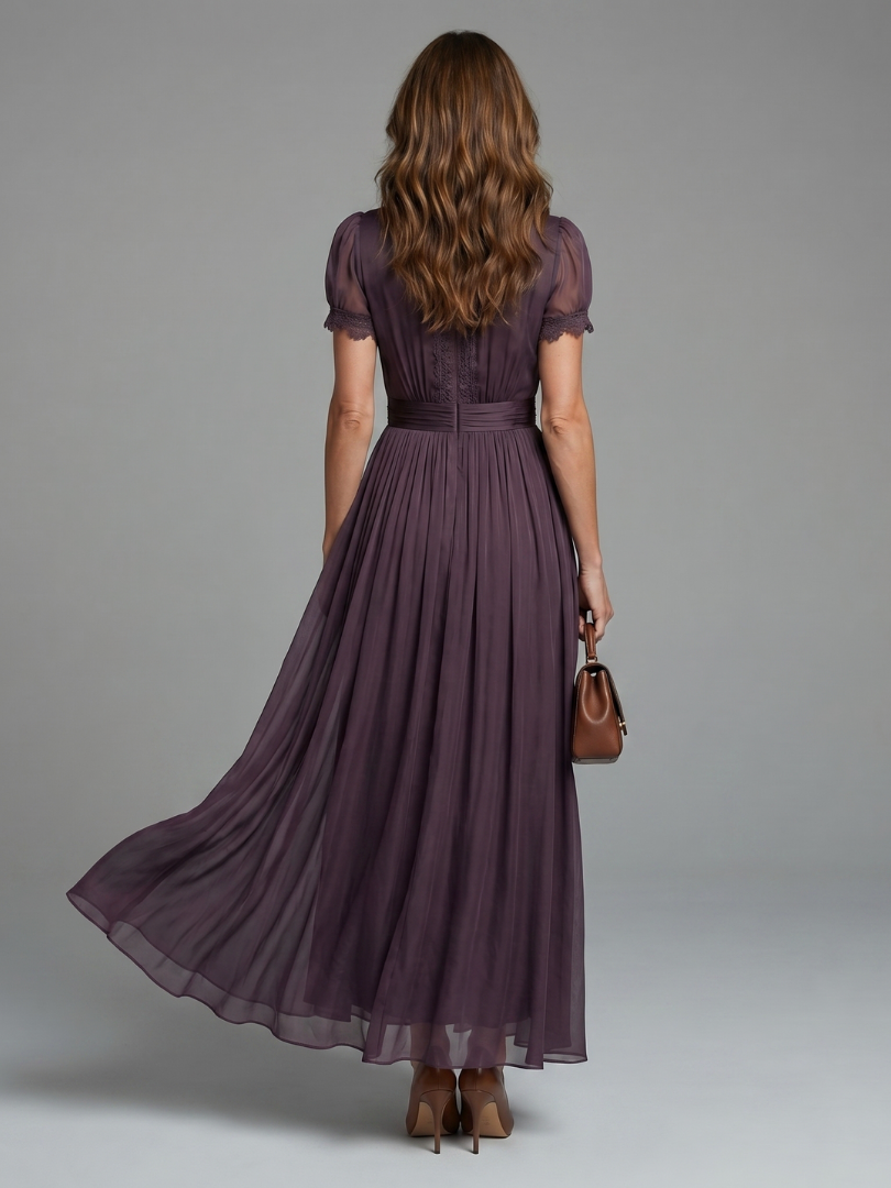 Robe maxi plissée pour femme avec col en V orné de dentelle