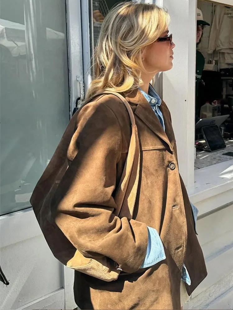 Γυναικείο oversized καφέ σακάκι από σουέντ
