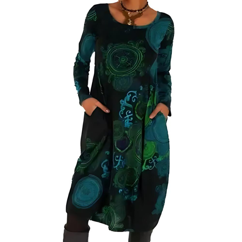Women's Bohemian Printed Midi Dress with Pockets