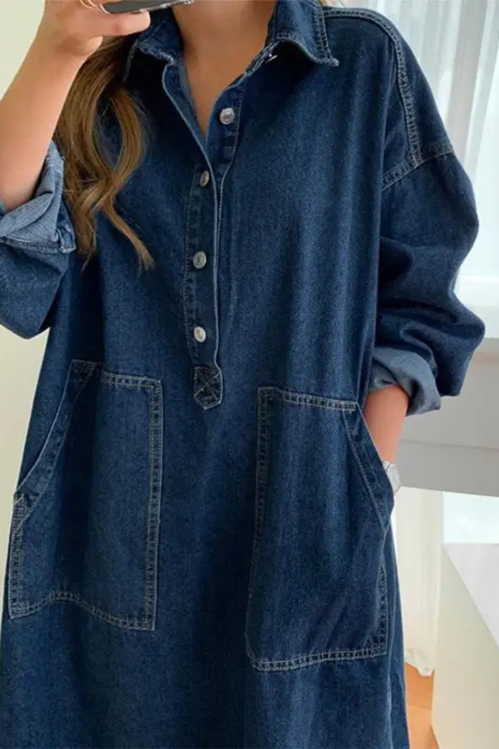 Women's Oversized Denim Shirt Maxi Dress with Front Pockets