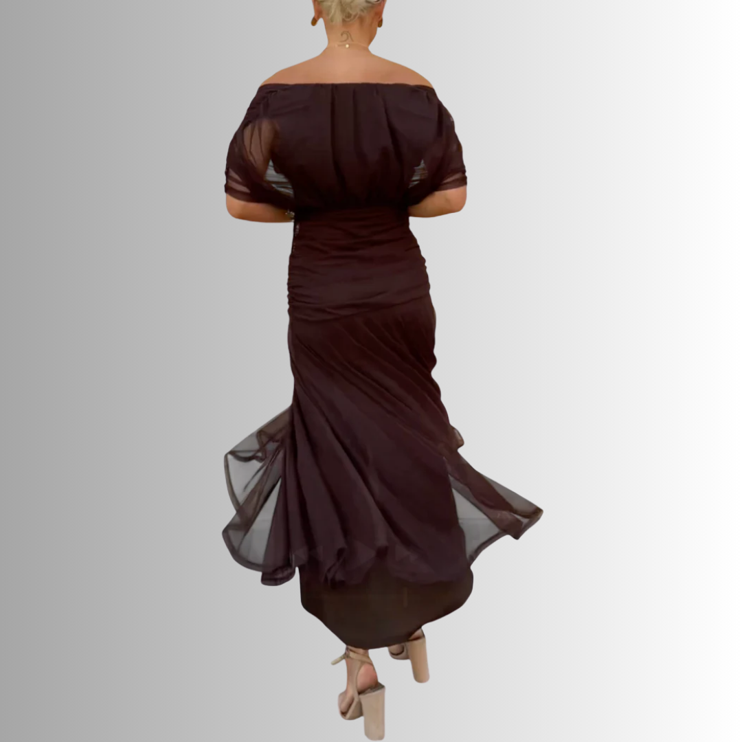 Women's Draped Off-Shoulder V-Neck Ruched Maxi Gown