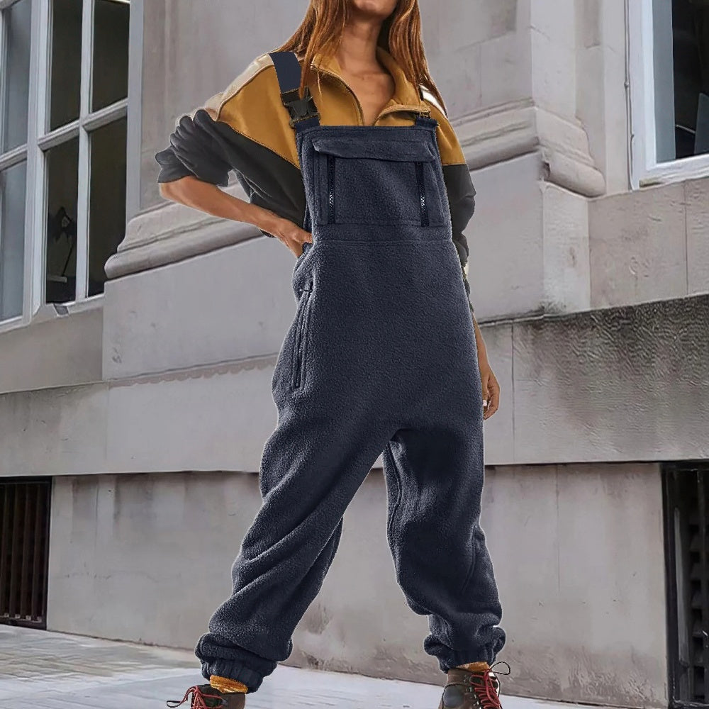 Women's Cozy Fleece Overall Jumpsuit with Adjustable Straps