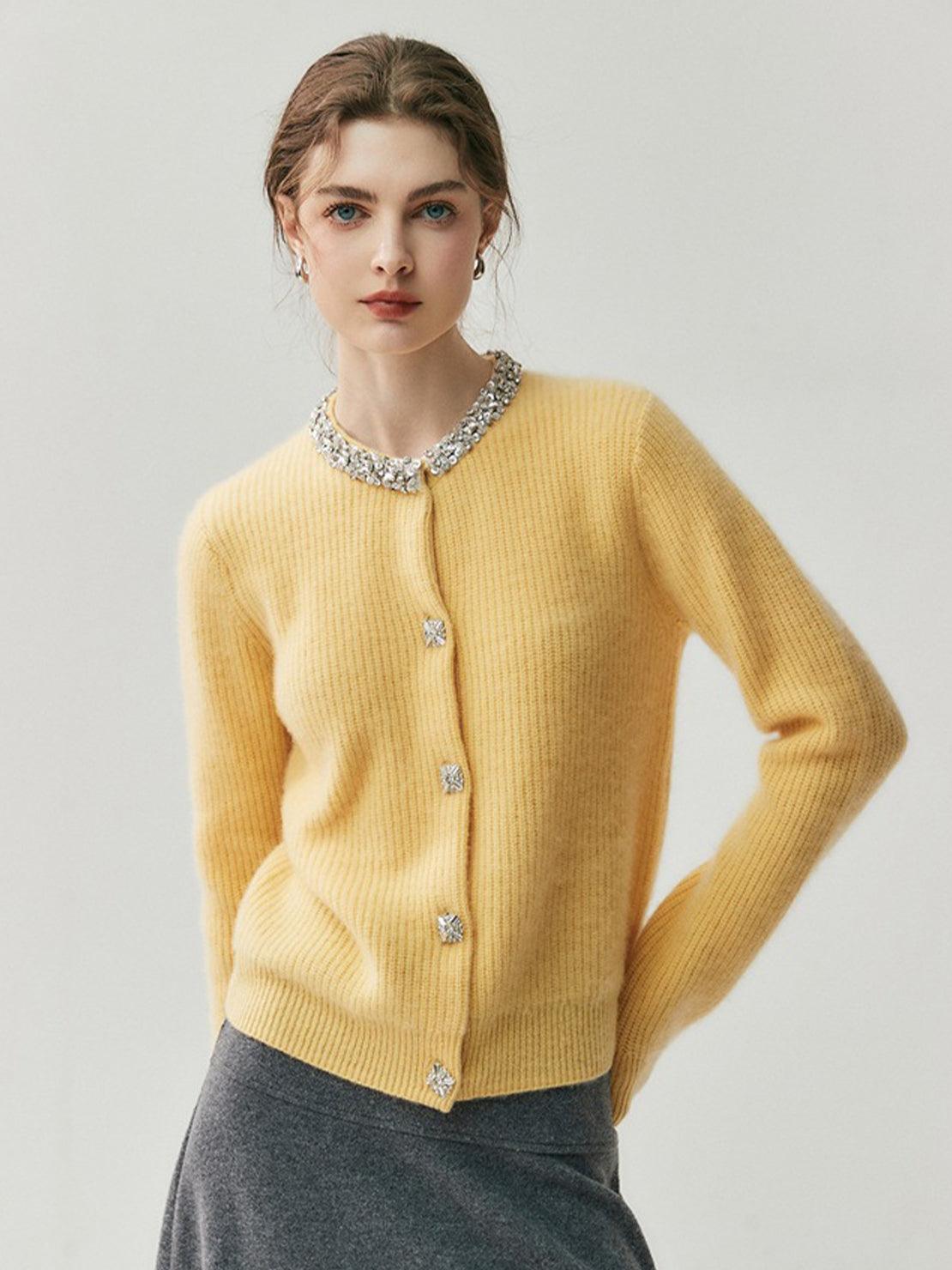 Cardigan élégant à boutons avec col orné de cristaux pour femme