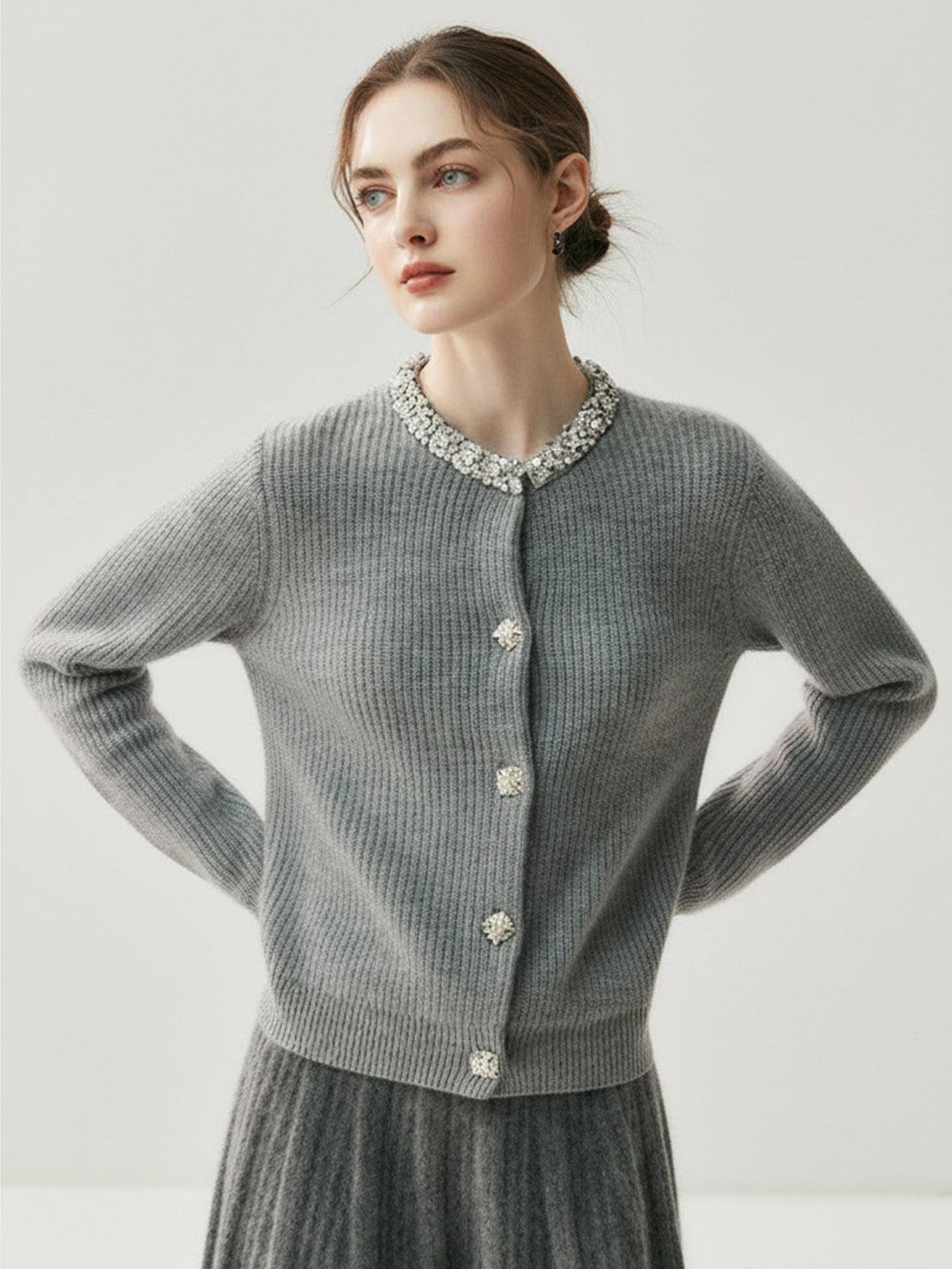 Cardigan élégant à boutons avec col orné de cristaux pour femme