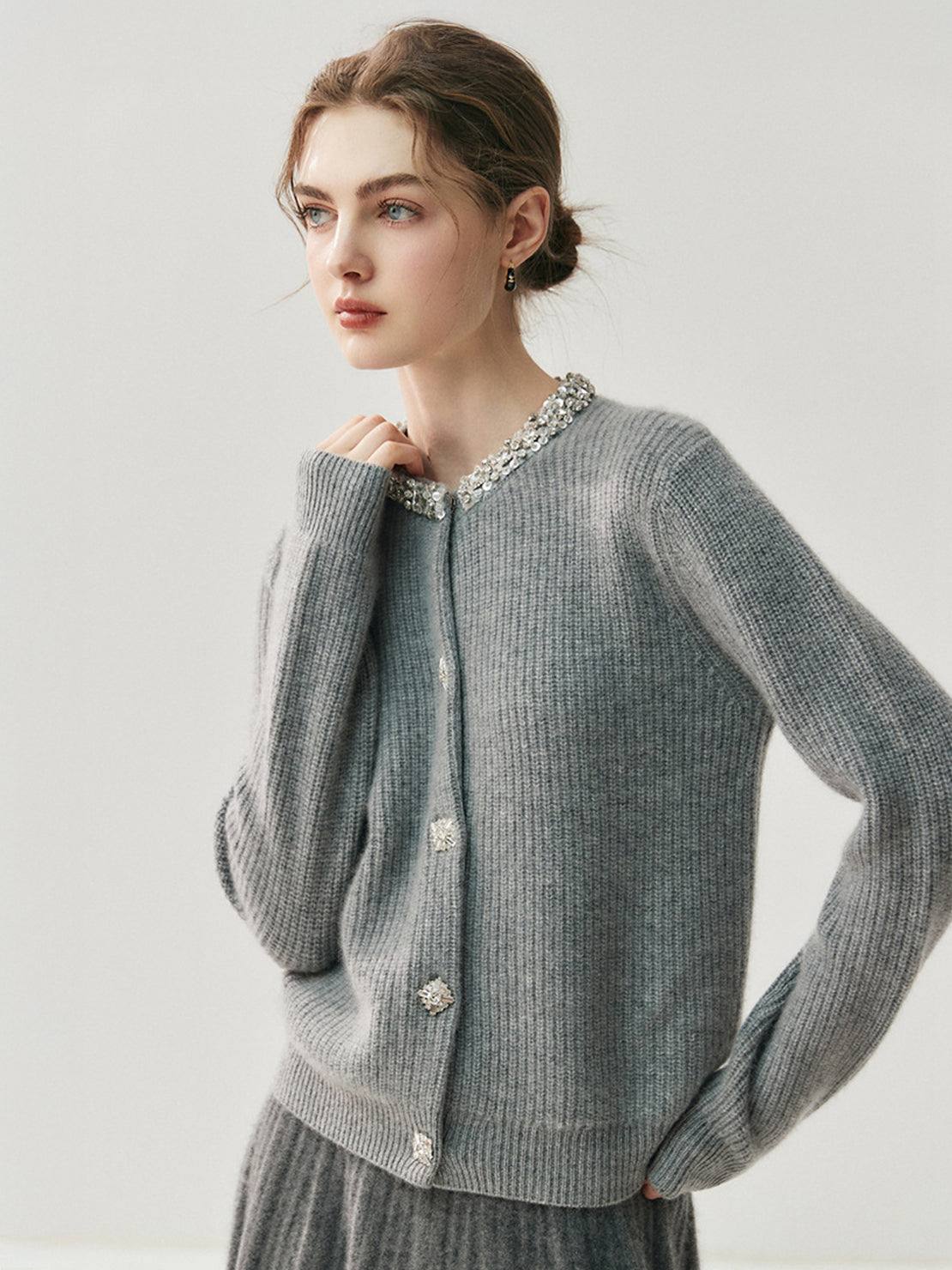 Cardigan élégant à boutons avec col orné de cristaux pour femme