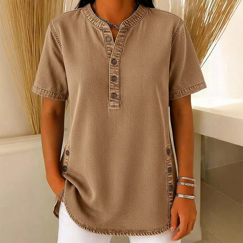 Women’s Short Sleeve Henley Tunic Top with Side Slits