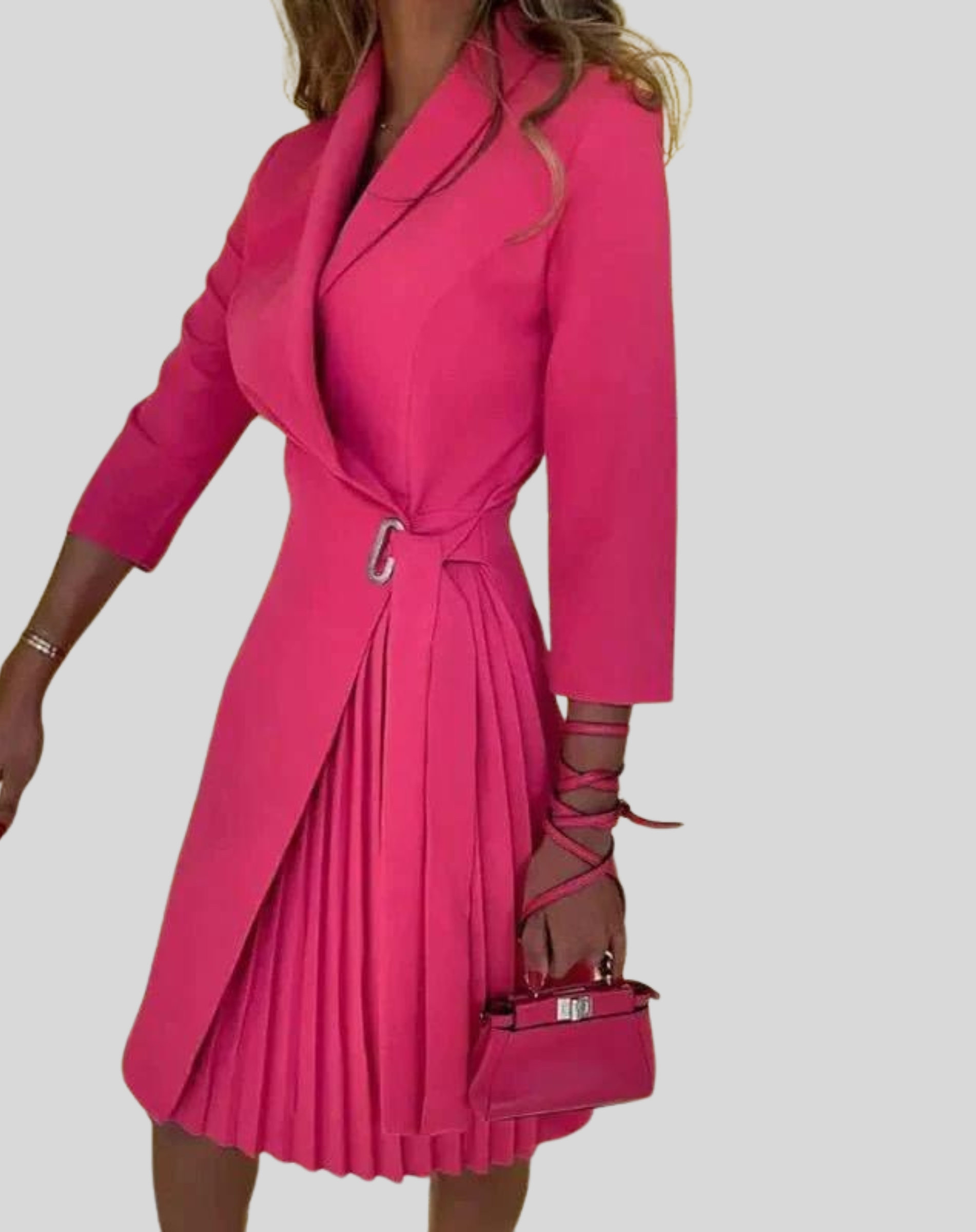 Women's Long Sleeve Belted Pleated Midi Dress