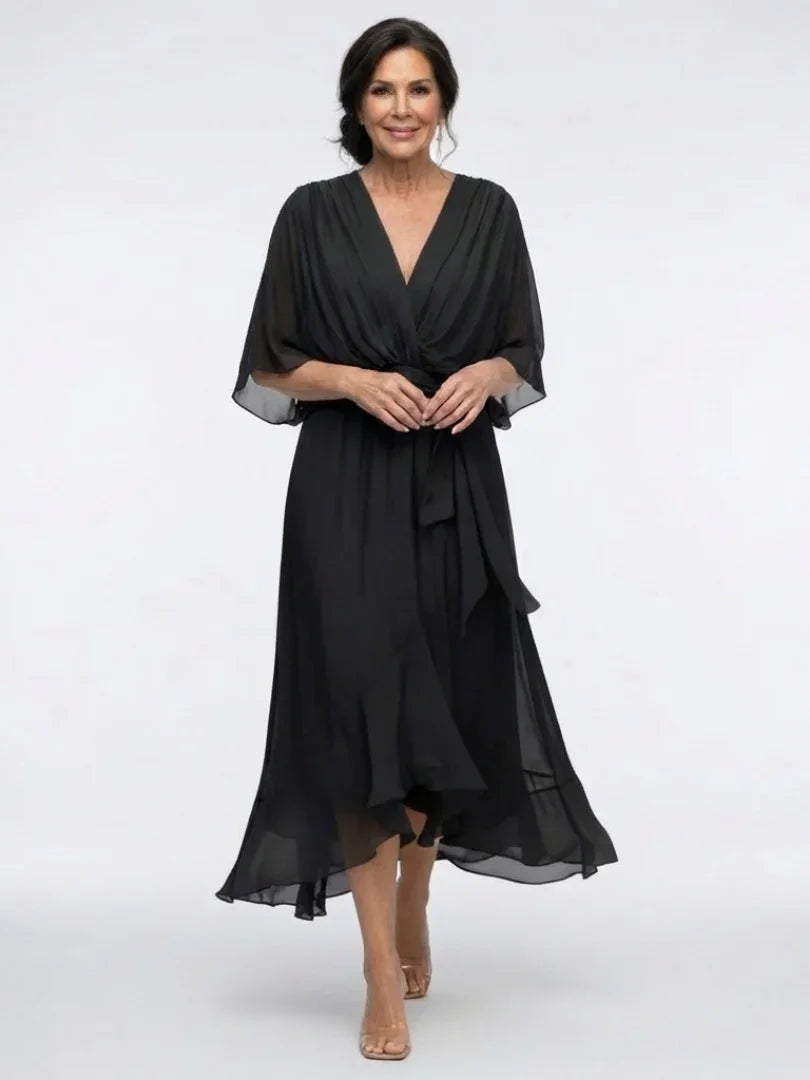 Women's V Neck Midi Dress with Waist Tie