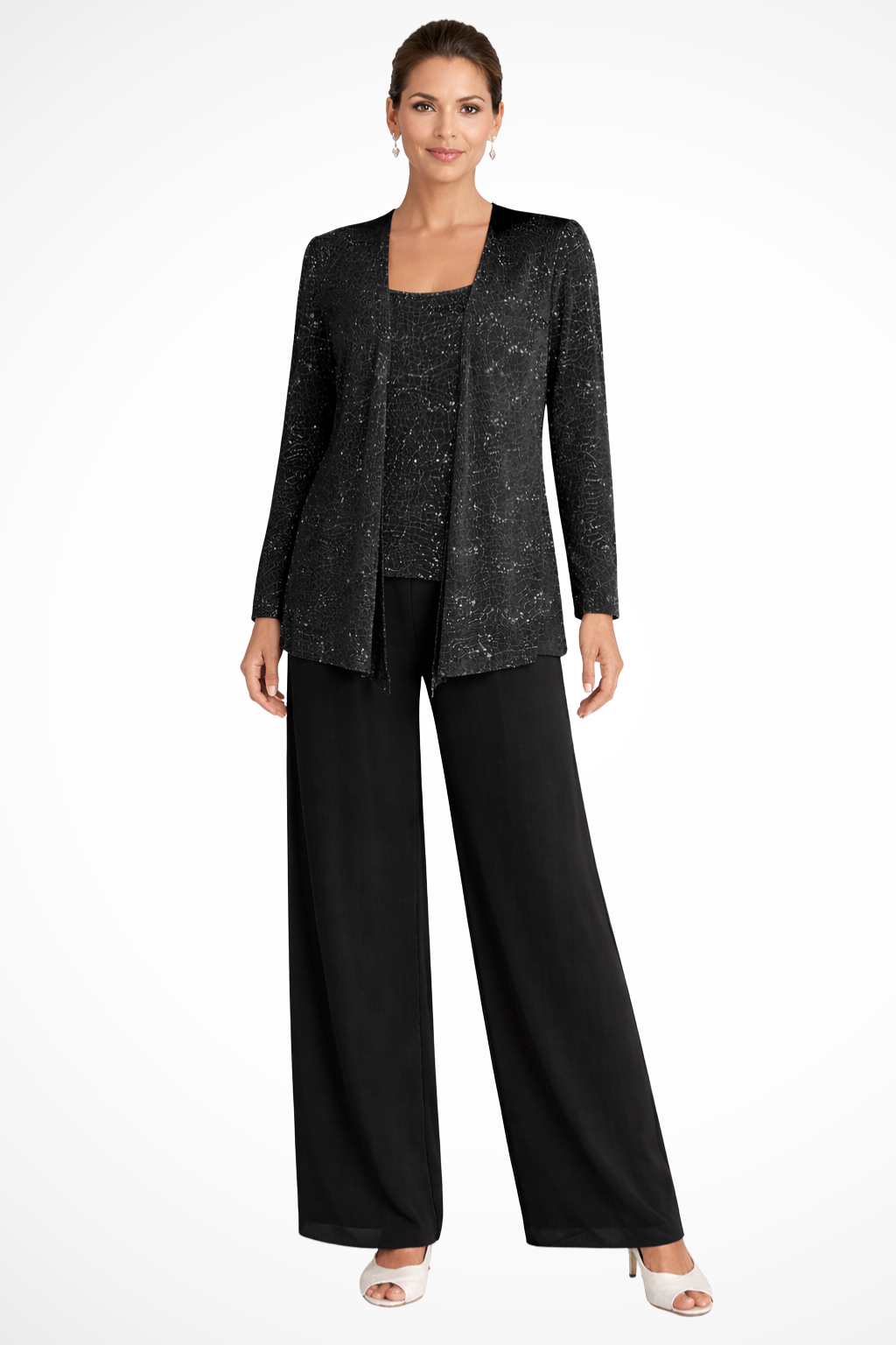 Ensemble trois pièces pour femme en dentelle à sequins, pantalon large