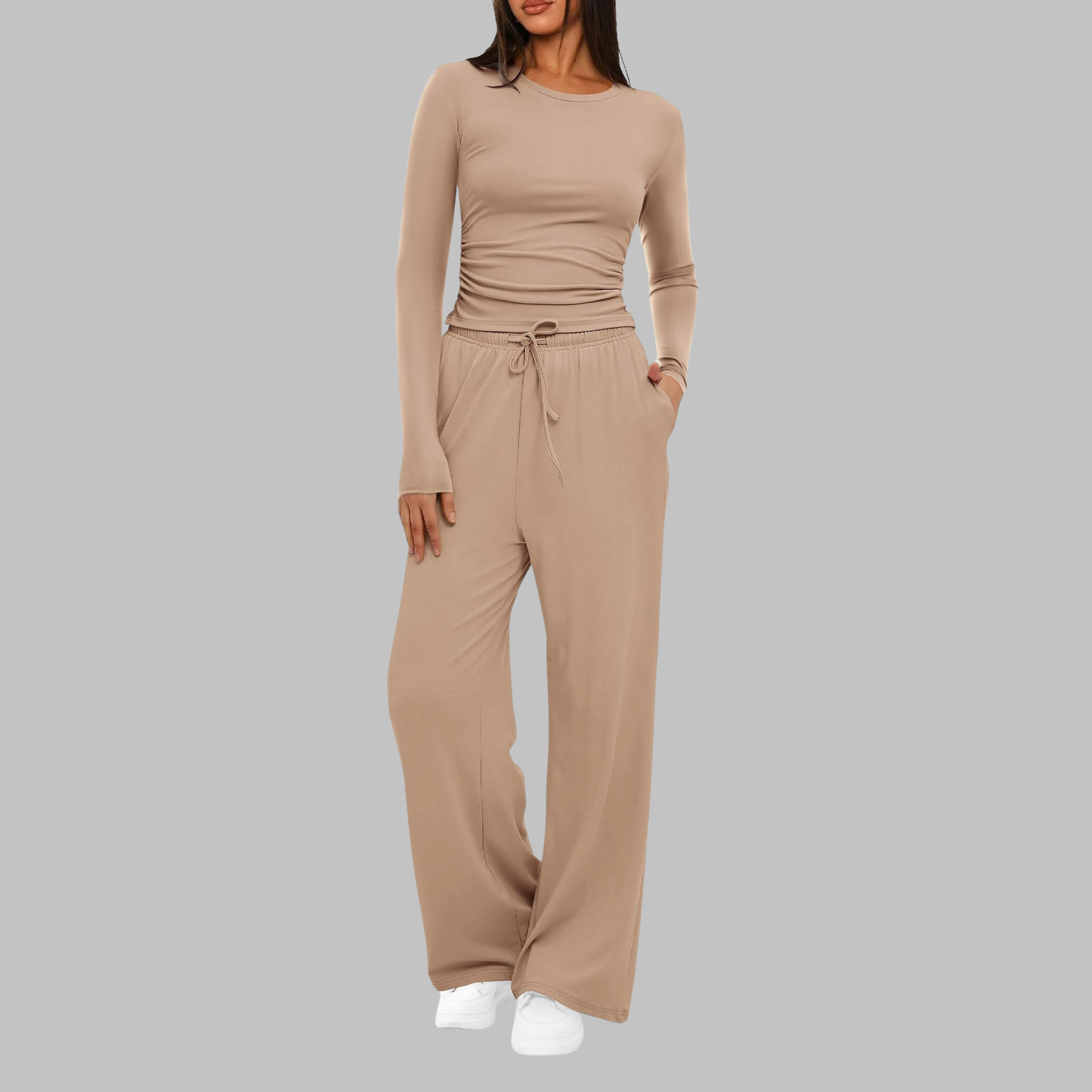 Conjunto de blusa de manga larga y pantalones de pierna ancha para mujer