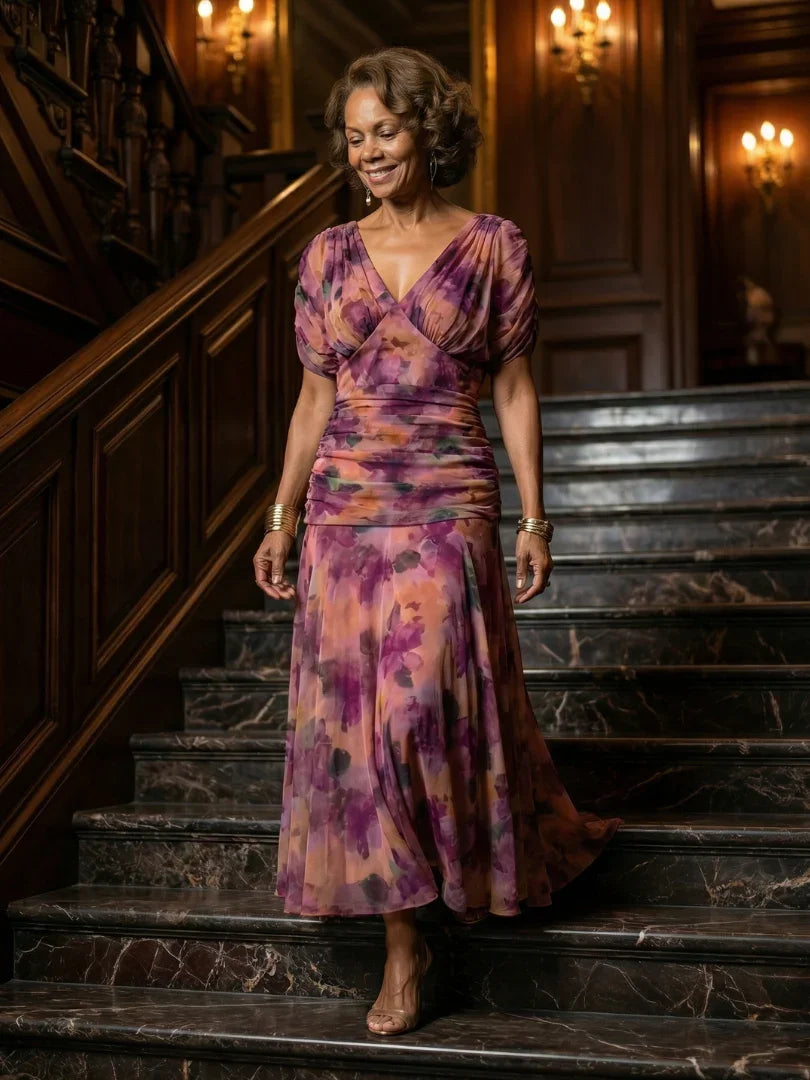 Robe maxi en mesh floral pour femme avec corsage froncé