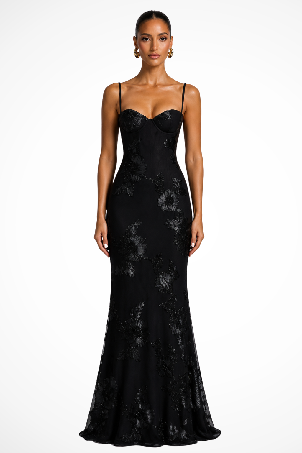 Robe longue corset brodée de fleurs pour femme avec bretelles fines