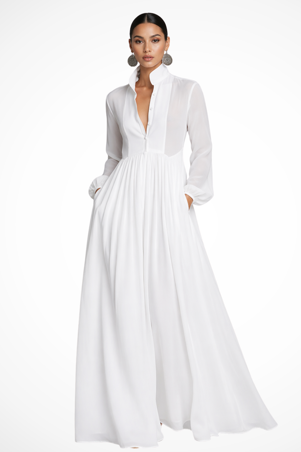 Women's Long Sleeve Button Front Maxi Dress with Pockets